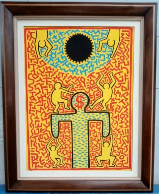 Great Acrylic Oil On Canvas By Keith Haring 1983 With Frame In Golden Leaf