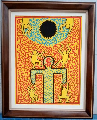 GREAT ACRYLIC OIL ON CANVAS BY KEITH HARING 1983 WITH FRAME IN GOLDEN LEAF 2