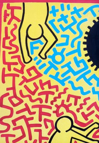 GREAT ACRYLIC OIL ON CANVAS BY KEITH HARING 1983 WITH FRAME IN GOLDEN LEAF 3