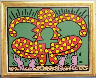 Awesome Acrylic Oil On Canvas By Keith Haring 1986 With Frame In Golden Leaf