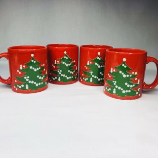 Set Of 4 Red Waechtersbach Christmas Tree Mugs Coffee Tea West Germany