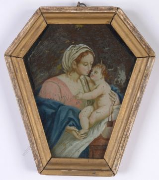 " Madonna And Child ",  German Reverse Glass Painting,  Late 18th Century