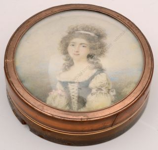 " French Round Box With Miniature Portrait Of A Young Lady ",  Ca.  1785