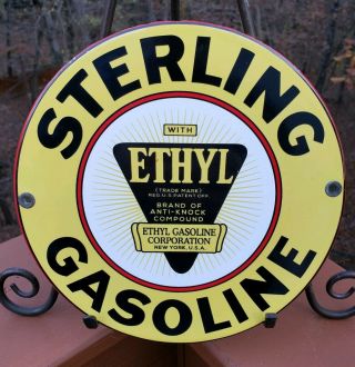 Rare Old Sterling Gasoline With Ethyl Porcelain Gas Sign York Anti - Knock