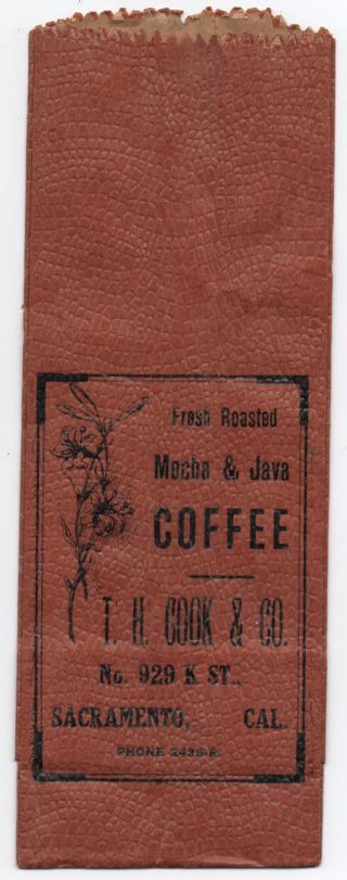 1915 Advertising Bag For Mocha & Java Coffee T.  H.  Cook Sacramento Ca