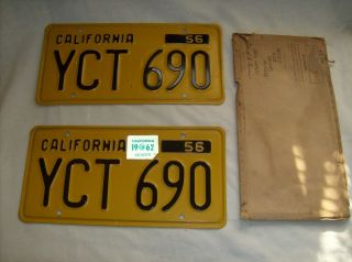 1956 - 62 California License Plates Yellow / Black Vintage Hot Rod Minty