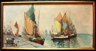 Impressionist Oil Painting Of Sailing Ships By Marcel Catelein (1892 - 1979)