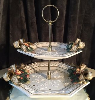2 Tiered Serving Tray (dinner & Salad Plate) Snowy Woods By Fitz & Floyd Bows
