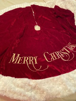 Red Velvet Tree Skirt White Fur Cuff With Gold Embroid.  “merry Christmas”look