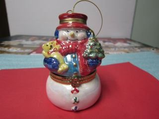 Vintage Mr Christmas=porcelain Snowman W/presents=music Christmas Ornament
