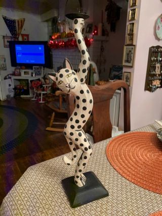 Vintage Wooden Hand Painted Cat Figurine With Polka Dots - A Unique Crazy Cat