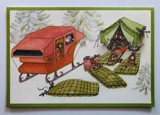 Vintage Hallmark Christmas Card Santa Sleigh Camper Tent Reindeer Sleeping Bag