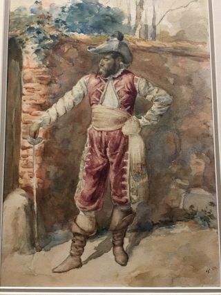 19th Watercolor Painting Spanish European Soldier Conquistador Signed T