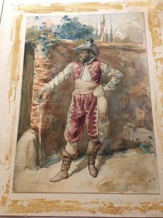 19th Watercolor Painting Spanish European Soldier Conquistador Signed T 2