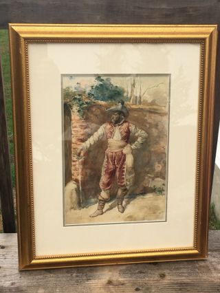 19th Watercolor Painting Spanish European Soldier Conquistador Signed T 3