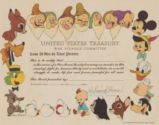 United States Treasury War Finance Committee Walt Disney Bond Certificate 1944