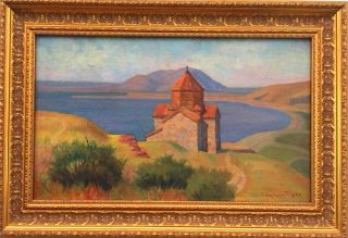 1977 Lake Sevan & Church Art Painting Russian Armenian - Simon Galstyan,  Galstian