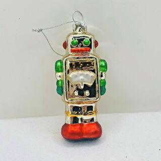 Hand Blown Glass Christmas Ornament Robot Silver Red Green