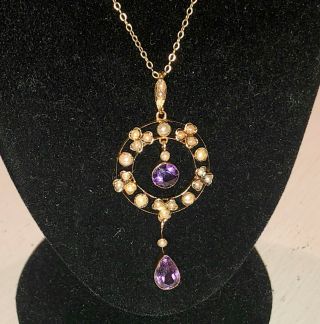 Pretty 15ct Gold Pearl And Amethyst Vintage Pendant On A 9ct Gold Necklace Chain