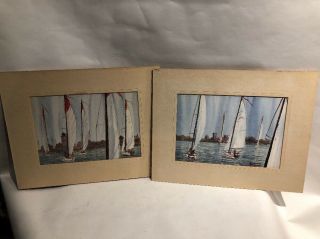 Wally Bilyeau 2 Watercolors Sailboat Racing Harbor Michigan Artist Listed 1950 