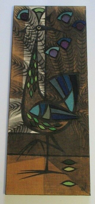 Mid - Century Modern Peacock Bird Painting Collage Retro Cubist Cubism Abstract