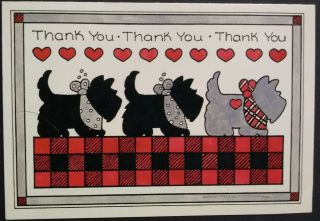 Vintage Scottish Terrier Note Card Thank You Black Grey Scottie Dogs Red Hearts