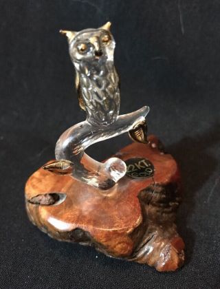 Vintage Hand Blown Glass Owl On Branch Attached To Wood Base 22k Gold Gilt
