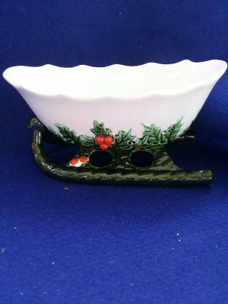 Vintage Mid - Century Lefton Christmas Sleigh With Holly Candy Dish