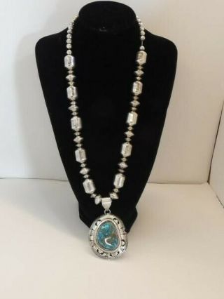Vintage Navajo Sterling Silver Turquoise Necklace 26” (191g) By Leonard Nez