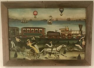 Stunning Folk Art Painting Shows Horses,  Trains,  Hot Air Balloons & Ships Racing