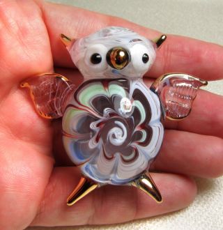 Blue Maroon Owl Figurine Handmade Blown Art Glass Bird 2 Inches Cute - Gift