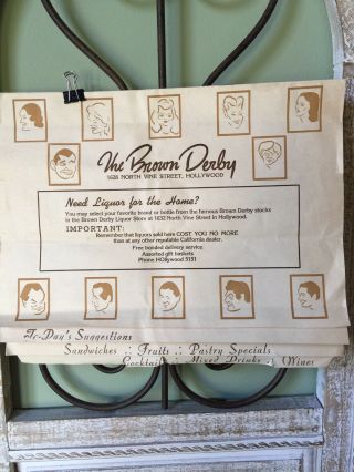 Vintage Brown Derby Restaurant Hollywood Ca Menu