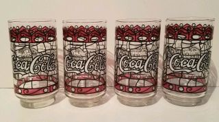Vintage Enjoy Coca - Cola Drinking Glass Set Of 4 Tiffany Style Stained Clear Coke