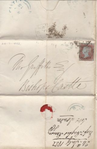1852 Qv London Letter With A 1d Penny Red Stamp Plate 136 Sent To Bishops Castle