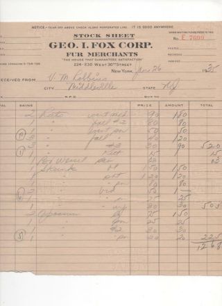 Jan.  26 1935 Geo.  I.  Fox Corp.  Fur Merchants Paper " Stock Sheet " Invoice