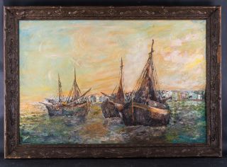 Large Early 20th Century Modernist Oil Painting " Fishing Boats " Signed