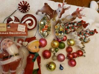 Vtg Christmas Decorations,  Deer,  Santa,  Elf,  Candy Trees,  Mercury Bulbs 30,