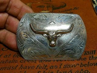 Vintage 1940 Sterling Silver 10k Gold Longhorn Belt Buckle Ricardo Ruby Set Eyes