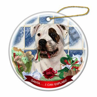 American Bulldog Brindle Eye Howliday Porcelain China Dog Christmas Ornament H2