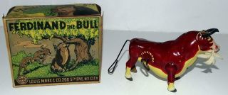 Disney1938 " Ferdinand The Bull " Lithographed Tin Windup Toy By Marx - Boxed Set - Wrks
