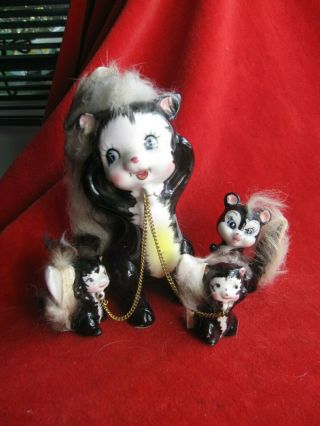 Vintage Ceramic Bradley Skunk Family With Fur Made In Japan
