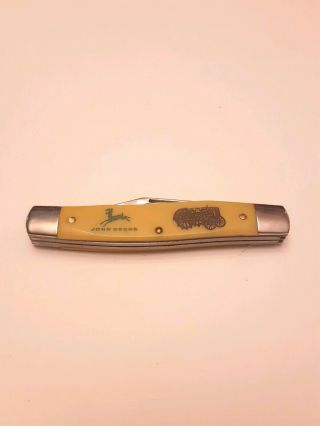 JOHN DEERE Colonial Prov.  U.  S.  A.  Yellow Handled 2 Blade Folding Knife Tractor 2