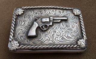 Vtg Fritch Bros American Sterling Silver Smith & Wesson Revolver Gun Belt Buckle