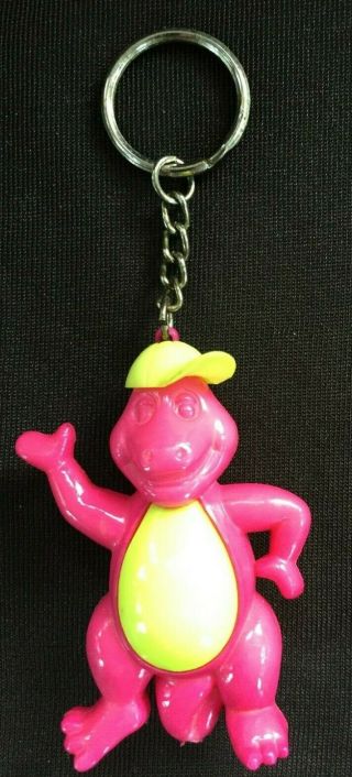 Vintage Barney Key Chain Ring Pink With Yellow Hat And Stomach - Plastic 2.  5 "