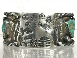 Vintage Old Pawn Navajo Sterling Silver Turquoise Stampwork Cuff Bracelet 86g