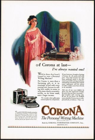 1920s Vintage Corona Typewriter Flapper Lady Fashion Art Print Ad