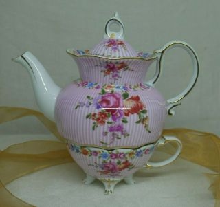 Stackable Tea Set For One W/ Footed Cup Pink Stripes,  Flower Décor & Gold Trim