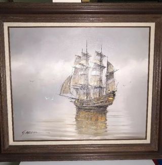 Oil Painting On Canvas - Sailing Ship Mist Fog Signed Garcia 25” X 20”