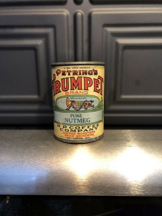 Vintage Petring’s Trumpet Brand Nutmeg Spice Tin Paper Label H P Coffee Co