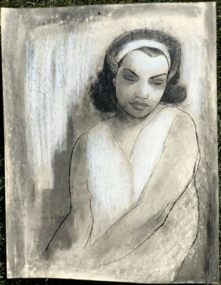 Young Woman With White Head Band Oil Crayon Drawing - 1963 - August Mosca